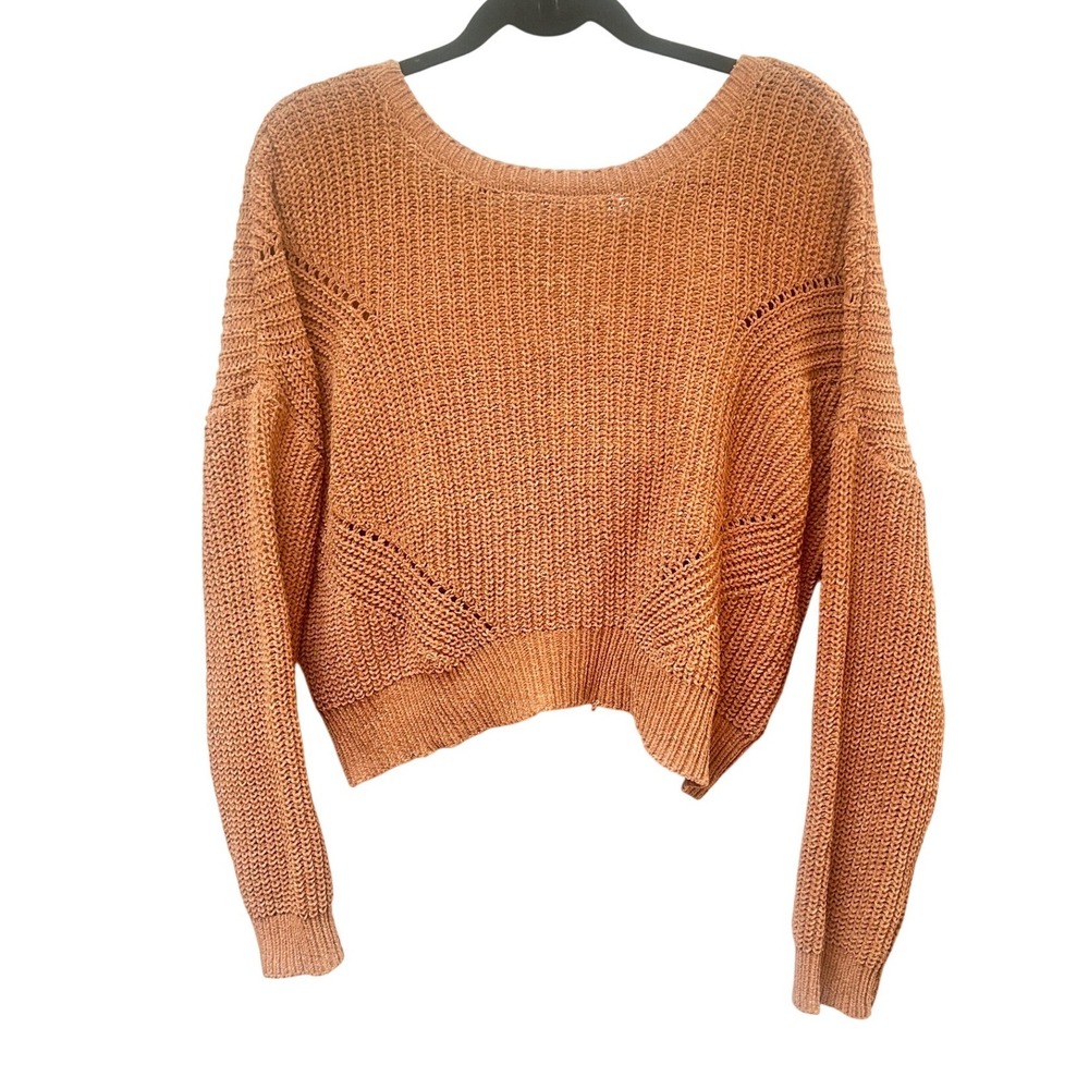 Pink Rose Rust Orange Twist Back Reversible Shaker Knit Cropped Sweater‎ Medium